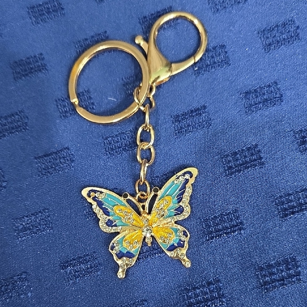 Gold Butterfly Keychain Bag Charm with Blue & Yellow Enamel